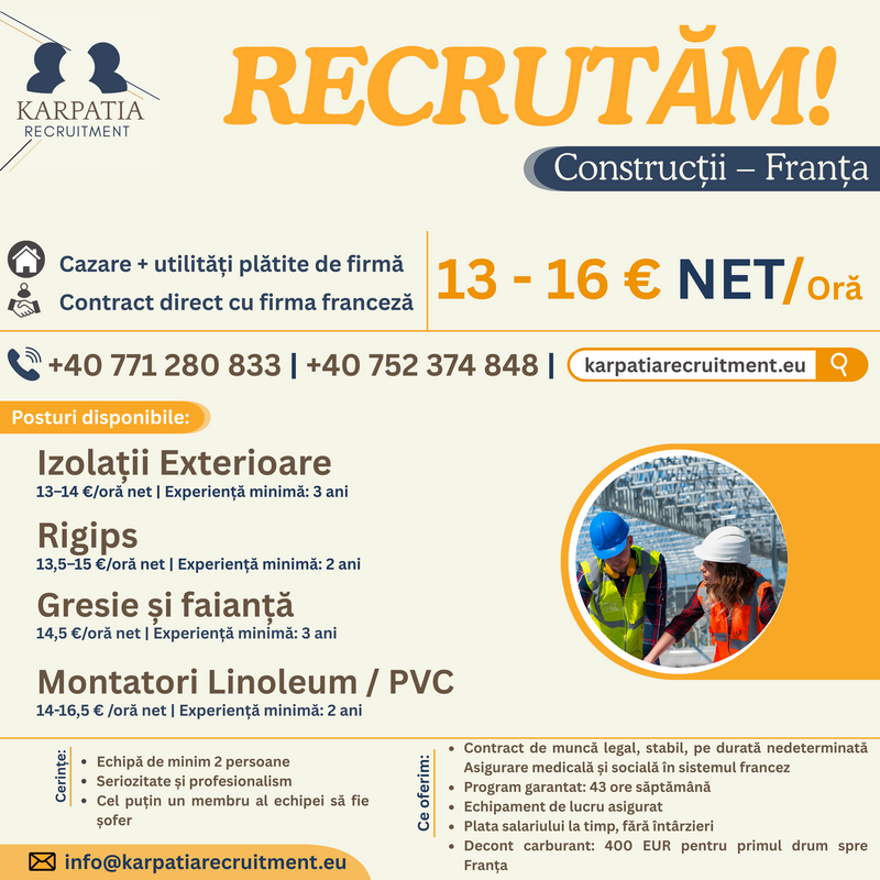 2.300–3.000 EUR NET/luna | Muncitori Constructii – Franta | Cazare gratuita